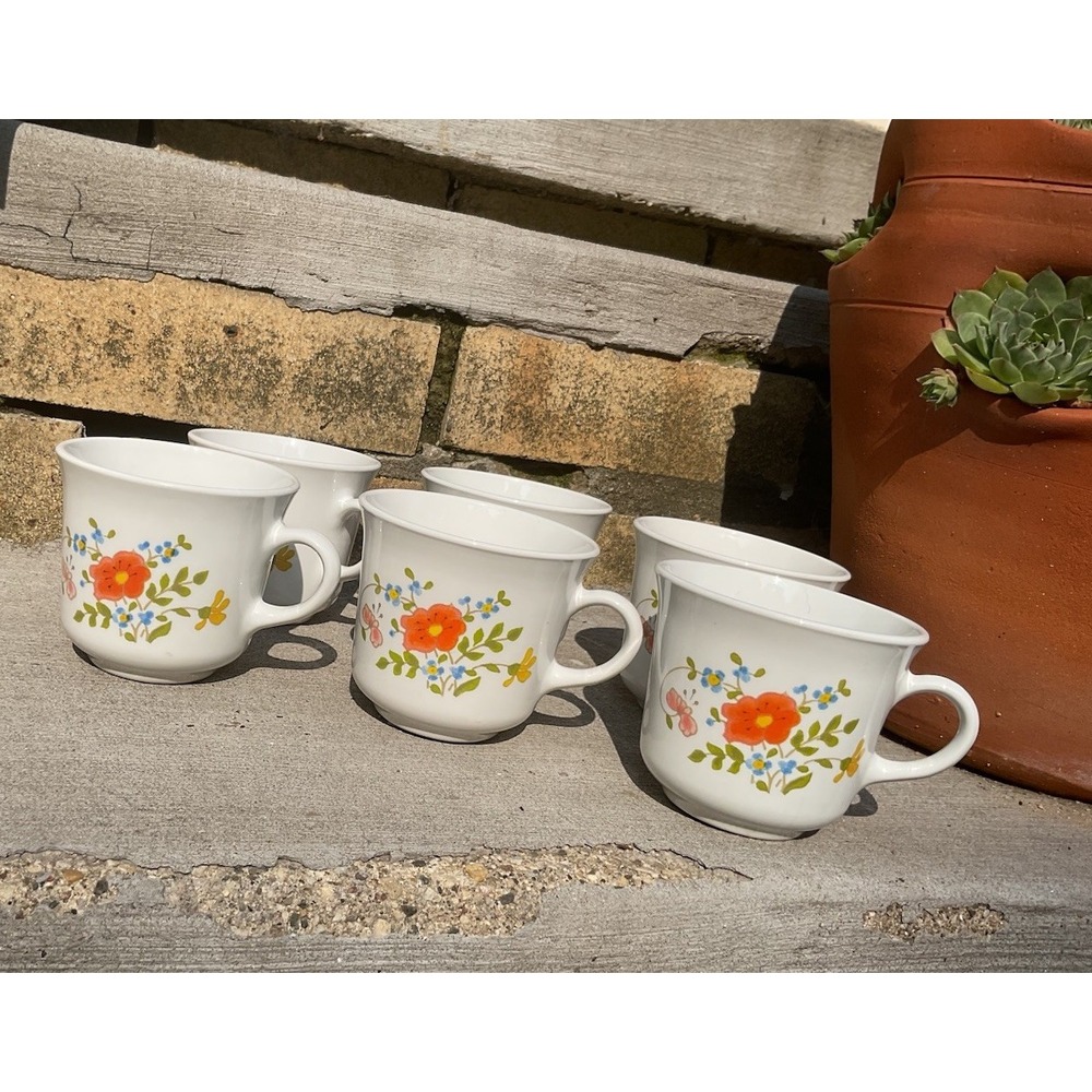 Vintage Corning Ware Corelle Wildflower Coffee/Tea Cups Set Of 6
